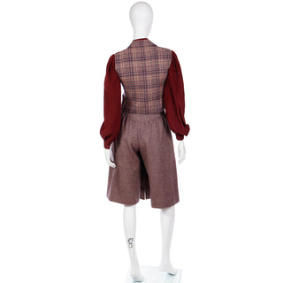 Rare 1970s Jean Patou Boutique 3pc Burgundy Plaid Culotte Vest & Blouse Outfit