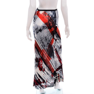 1990s Jean Paul Gaultier Semi Sheer Abstract Red & Black Maxi Skirt
