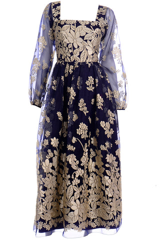 Jeannene Booher Vintage Navy Blue Evening Dress W Gold Burnout Velvet Flowers