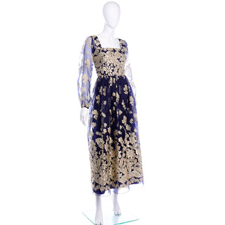 1960s Jeannene Booher Vintage Navy Blue Evening Dress W Gold Burnout Velvet Flowers