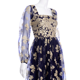 Jeannene Booher Vintage Navy Blue Evening Dress W Gold Burnout Velvet Flowers Sheer Sleeves