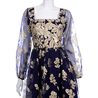 Jeannene Booher Vintage Navy Blue Evening Dress W Gold Burnout Velvet Flowers 1960s Maxi dress