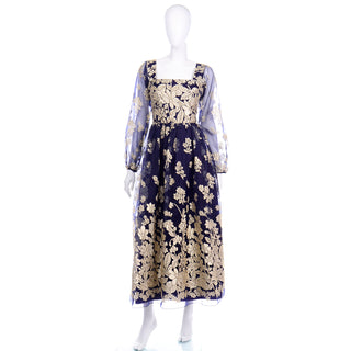 Jeannene Booher Vintage Navy Blue Evening Dress W Gold Burnout Velvet Flowers Maxi