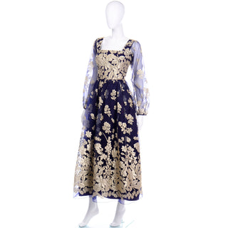 Jeannene Booher Vintage Navy Blue Evening Dress W Gold Burnout Velvet Flowers 60s