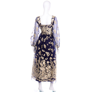 Jeannene Booher Vintage Navy Blue Evening Dress W Gold Burnout Velvet Flowers 1960s