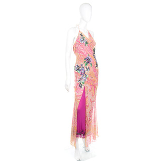Vintage Jenny Packham Pink Silk Halter Gown with Long Slit