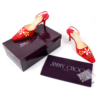 Jimmy Choo Shoes Vintage Red Linen Slingback Heels W Flowers Box and Dustbag