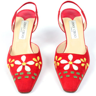 Jimmy Choo Shoes Vintage Red Linen Slingback Heels W Flowers daisies