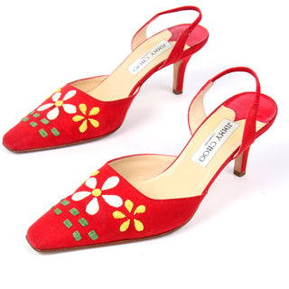 Jimmy Choo Shoes Vintage Red Linen Slingbacks W Flowers low heel