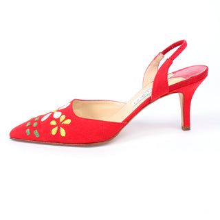 Jimmy Choo Shoes Vintage Red Linen Slingback Heels W Flowers Size 37
