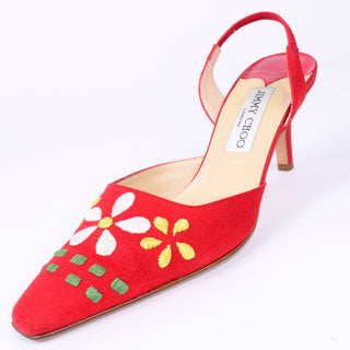 Jimmy Choo Shoes Vintage Red Linen Slingback Heels W Flowers excellent