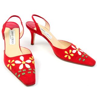 Jimmy Choo Vintage Red Linen Slingback Heels W Flowers size 37 shoes
