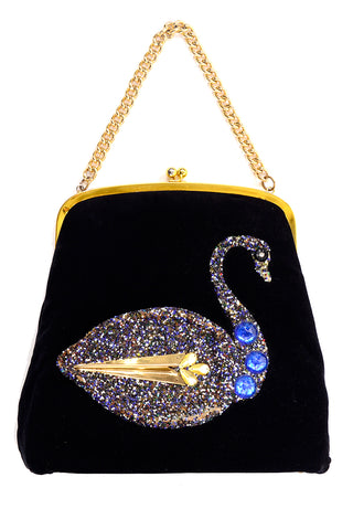 1950s Jolles Junior Black Velvet Handbag w/ Blue Bead Swan