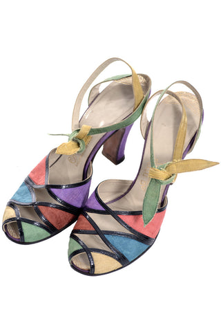 1940's Multi-Colored Peep Toe Shoes Rare Silk Ankle Strap Ties 7B - Dressing Vintage