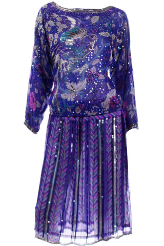 Vintage Judith Ann Creations Purple Beaded Sequin 2 pc Dress W Bird Design