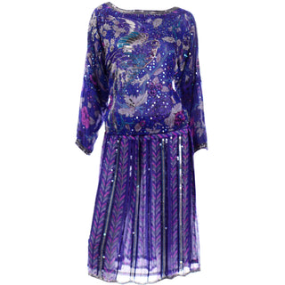 Vintage Judith Ann Creations Purple Beaded Sequin 2 piece evening Dress W Bird Design Motif