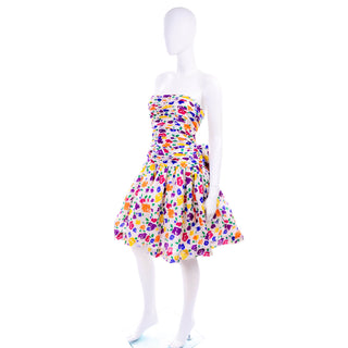 1980s Colorful Floral Strapless Summer Dress w/ Rouched Bodice