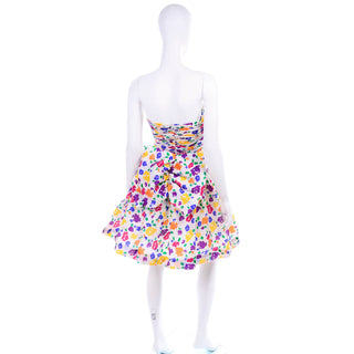 1980s Colorful Floral Strapless Summer Dress w/ Rouched Bodice