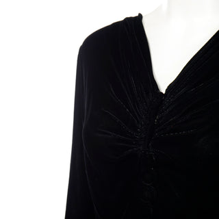 1940s Kamore Black Silk Velvet Evening Dress or Hostess Gown w Beading on bodice