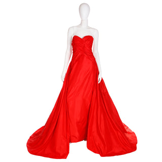 1980s Karl Lagerfeld Fendi Red Silk Satin Vintage Strapless Evening Dress w Bolero
