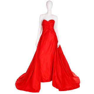 1980s Karl Lagerfeld Fendi Red Silk Satin Strapless Evening Dress w Bolero Red Carpet Gown