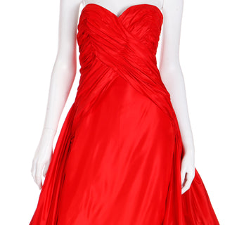 1980s Karl Lagerfeld Fendi Red Silk Satin Strapless Evening Dress with ruched bodice, Train and Bolero