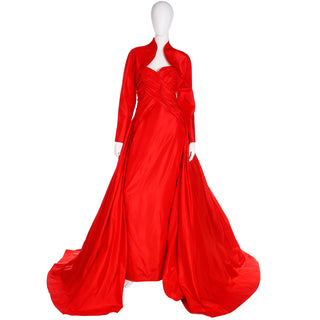 Vintage 1980s Karl Lagerfeld Fendi Red Silk Satin Strapless Evening Dress w Bolero