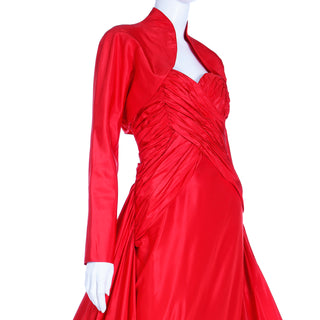 1980s Karl Lagerfeld Fendi Red Silk Satin Strapless Evening Dress w Bolero Jacket and Long Train