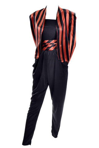 Halloween satin black and orange striped blazer and cummerbund with a black strapless jersey jumpsuit