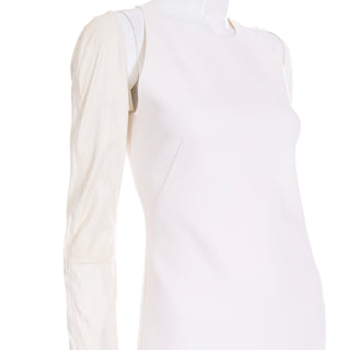 Kaufmanfranco White Dress W Cutouts & Cream Leather Sleeves approx size 6