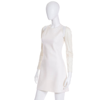 Kaufmanfranco White Dress W Cutouts & Cream Leather Sleeves sz 6