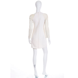 Designer Kaufmanfranco White Dress W Cutouts & Cream Leather Sleeves