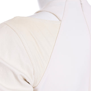 Kaufmanfranco White Dress W Cutouts & Cream Leather Sleeves unique cut work
