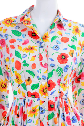 1990s Kenzo Colorful Cotton Floral Bold Print Long Sleeve Dress