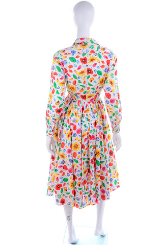 1990s Kenzo Colorful Cotton Floral Print Long Sleeve Dress 90s
