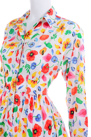 Bold 1990s Kenzo Colorful Cotton Floral Print Long Sleeve Dress