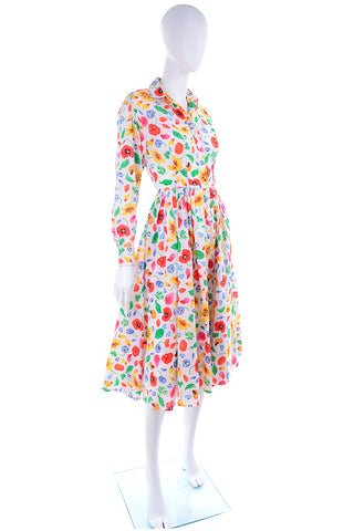 1990s Kenzo Colorful Cotton Floral Print Long Sleeve Dress full skirt
