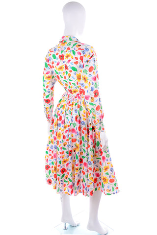 1990s Kenzo Colorful Cotton Floral Print Long Sleeve Shirtwaist Dress
