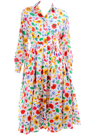 1990s Kenzo Colorful Cotton Floral Print Long Sleeve Dress Poppies