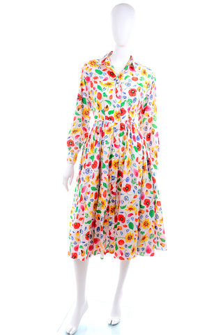 1990s Kenzo Colorful Cotton Poppies Floral Print Long Sleeve Dress