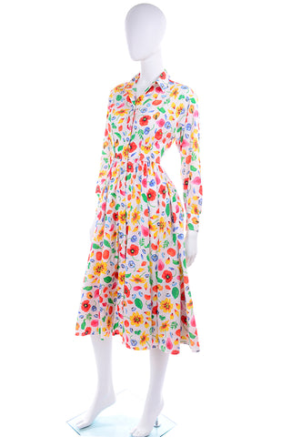1990s Kenzo Colorful Cotton Floral Print Long Sleeve Dress w Gathered Skirt