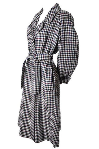 Wrap tie vintage 1980's trench coat in multi colored houndstooth plaid oversized coat