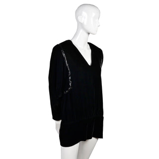 1980s Kevan Hall Couture Vintage Black Silk Blend Beaded Sweater V Neck