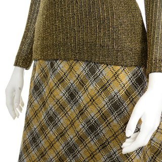 1970s Kiva Vintage Gold Sparkle Plaid Lurex Skirt & Cowl Neck Top Outfit 70s