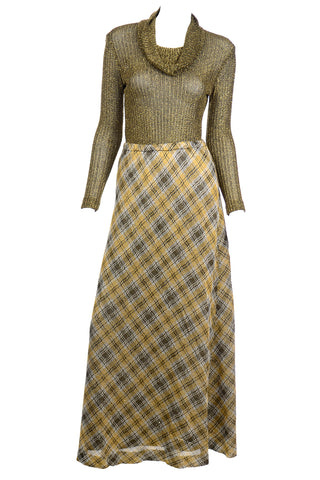 1970s Kiva Vintage Gold Sparkle Plaid Skirt & Cowl Neck Top Outfit