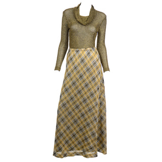 1970s Kiva Vintage Gold Sparkle Plaid Skirt & Cowl Neck Top Outfit Lurex Set