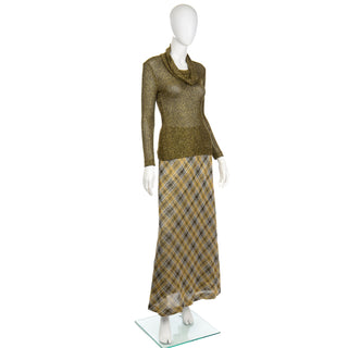 1970s Kiva Vintage Gold Sparkle Lurex Plaid Skirt & Cowl Neck Top Outfit