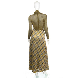 1970s Kiva Vintage Gold Sparkle Plaid Skirt & Cowl Neck Top Outfit Bronze 