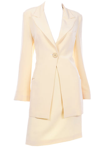 Krizia Cream Silk Blend Skirt and Long Blazer Jacket Suit