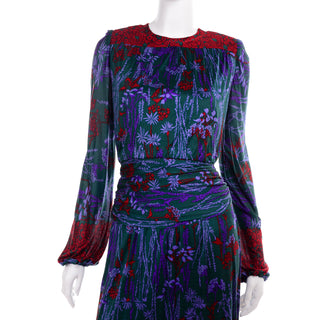 80s Vintage Numbered Lanvin Dress in Green & Purple Floral Jersey